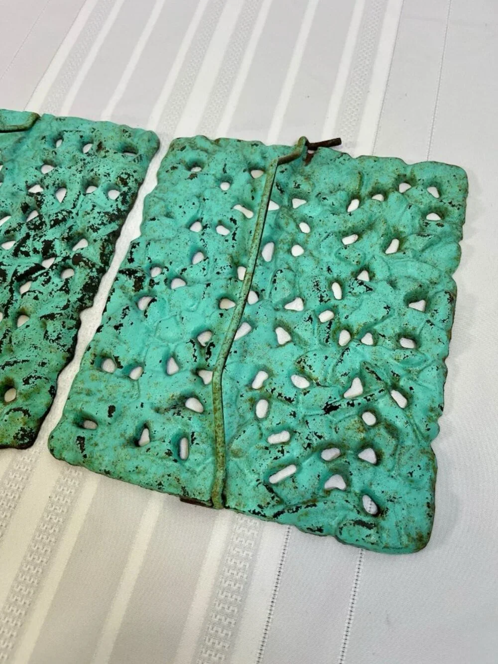 VTG Turquoise Cast Iron Trivet Set Of 2 Mid Century Brutalist Metal Retro Boho